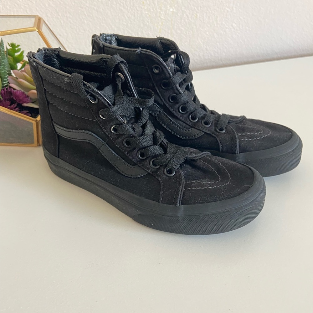 Vans kids black leather high top, 13.5.